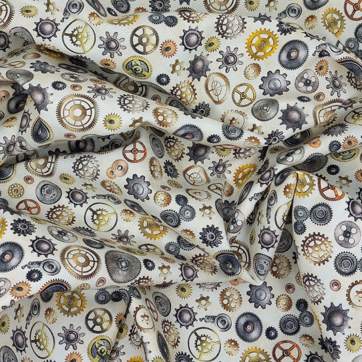 Tissu coton steampunk à motifs engrenages – fond beige clair