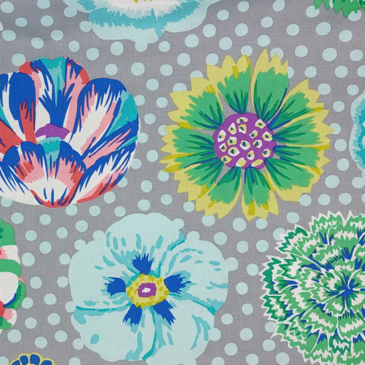 Tissu Kaffe Fassett Big Blooms au mètre – Pois et fleurs sur fond gris