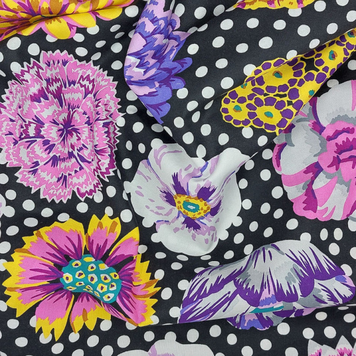 Tissu Kaffe Fassett collective noir pois et grandes fleurs Big Blooms