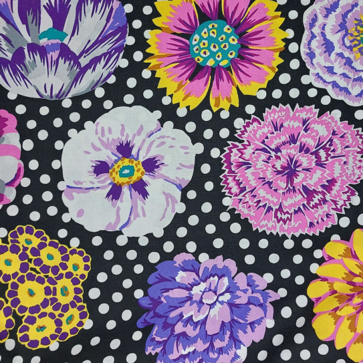 Tissu Kaffe Fassett Big Blooms au mètre – Pois et fleurs sur fond noir