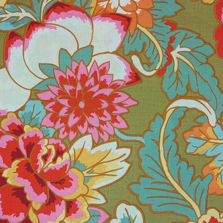 Tissu Kaffe Fassett kaki clair grandes fleurs