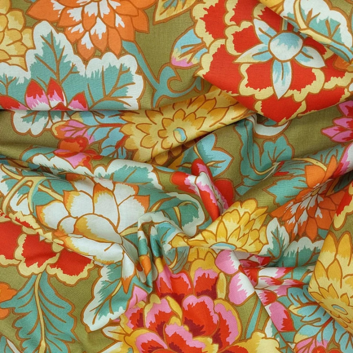 Tissu Kaffe Fassett kaki clair grandes fleurs