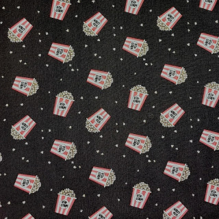 Tissu Pop Corn Camelot Fabrics – Fond Marron Foncé / Noir – Thème Cinéma, Années 70 – 100% Coton