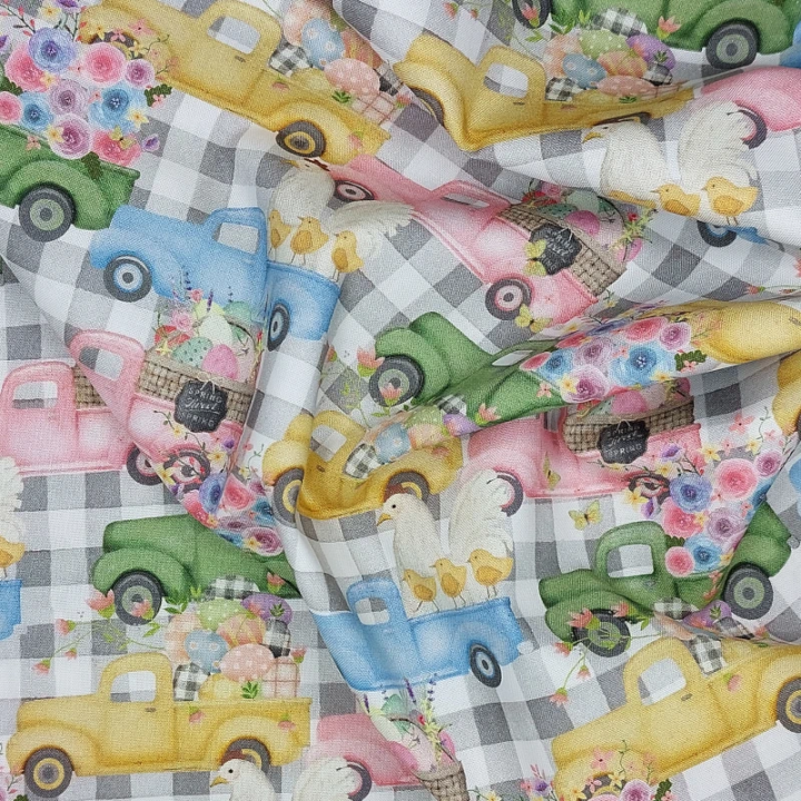 Tissu de Pâques poules œufs poussins sur des picks-up - coton