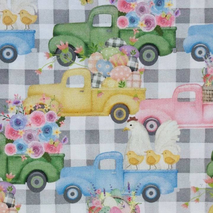 Tissu de Pâques - poules œufs et fleurs champêtres sur des picks-up - coton