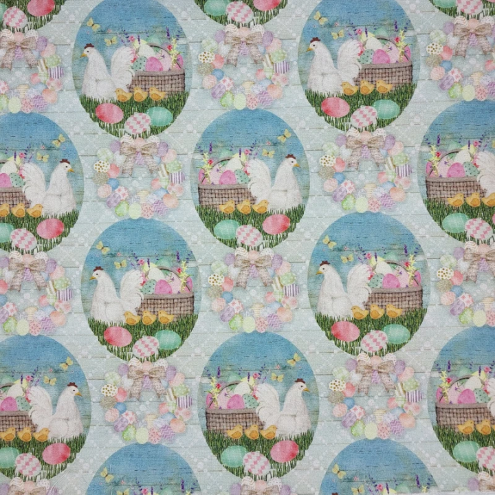 Tissu de Pâques - poules, poussins et œufs dans des paniers - coton