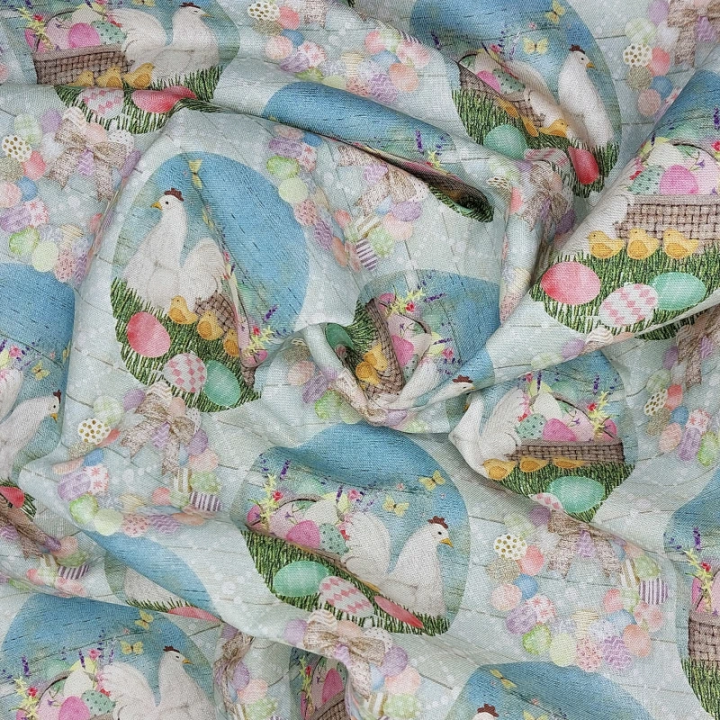 Tissu de Pâques - poules, poussins et œufs dans des paniers - coton