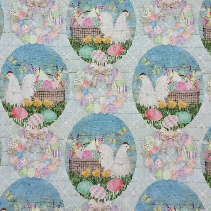 Tissu de Pâques - poules, poussins et œufs dans des paniers - coton