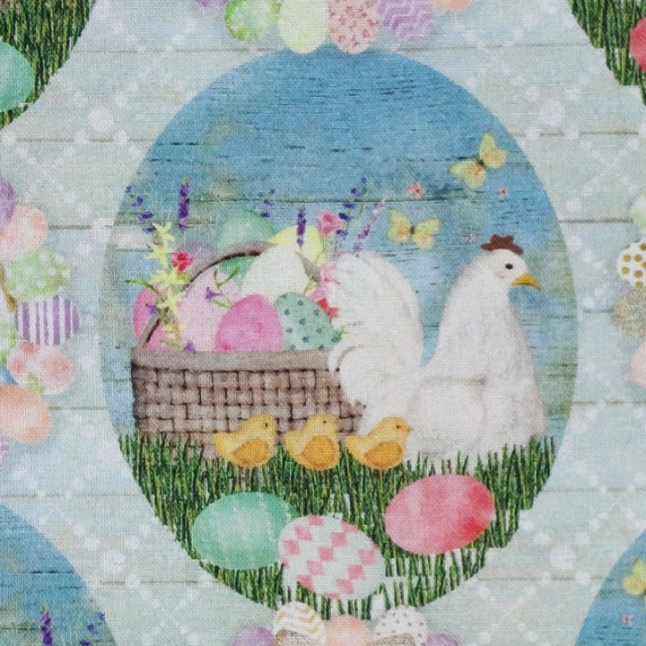 Tissu de Pâques - poules, poussins et œufs dans des paniers - coton