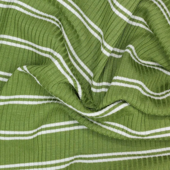 Jersey tencel modal côtelé vert à rayures blanches Mind the Maker