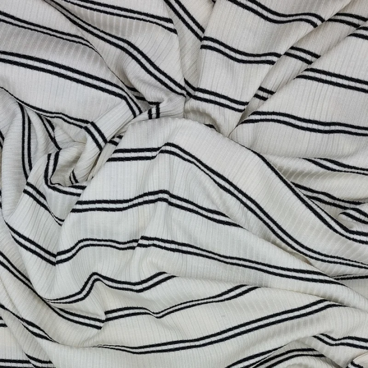 Jersey tencel modal côtelé blanc crème à rayures bleu foncé Mind the Maker