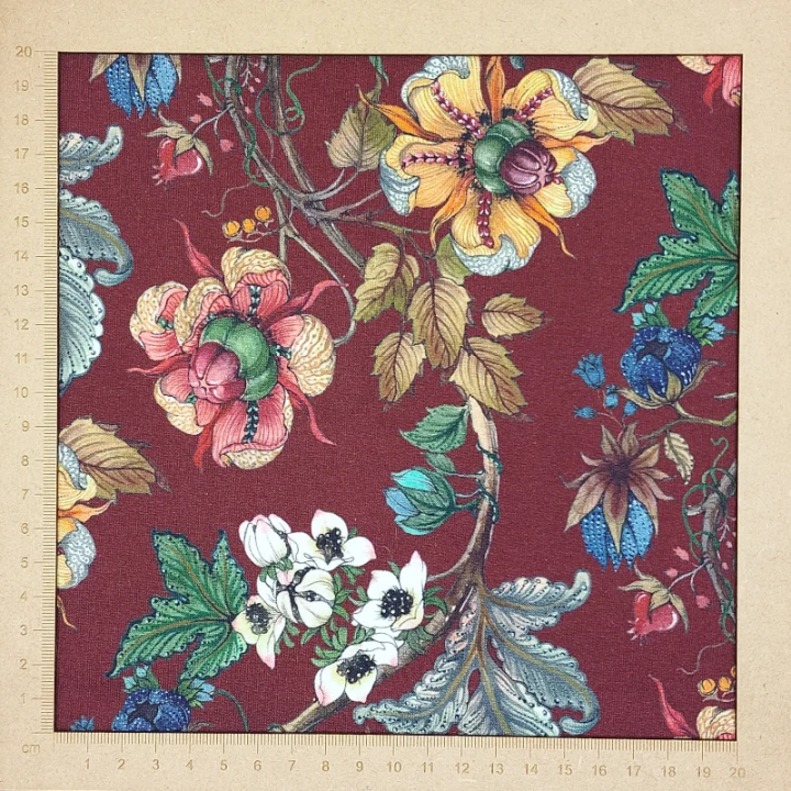 Tissu French Terry Stenzo bordeaux fleurs en coton stretch – sweat léger - au mètre
