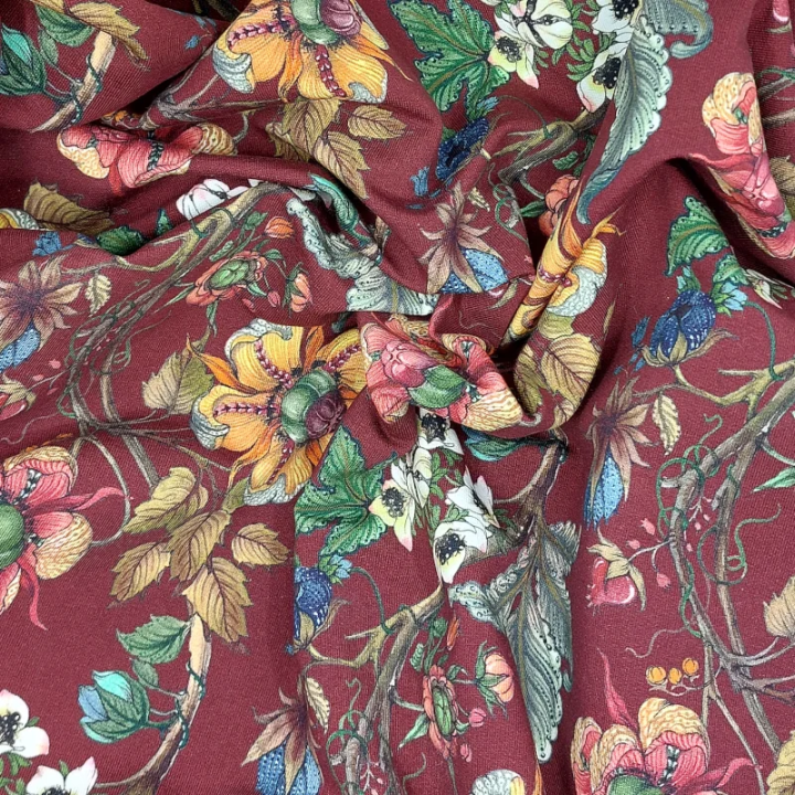 Tissu French Terry Stenzo bordeaux fleurs en coton stretch – sweat léger - au mètre