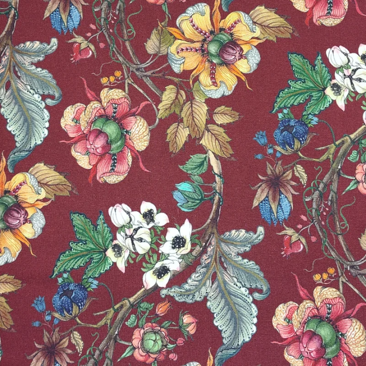 Tissu French Terry Stenzo bordeaux fleurs en coton stretch – sweat léger - au mètre