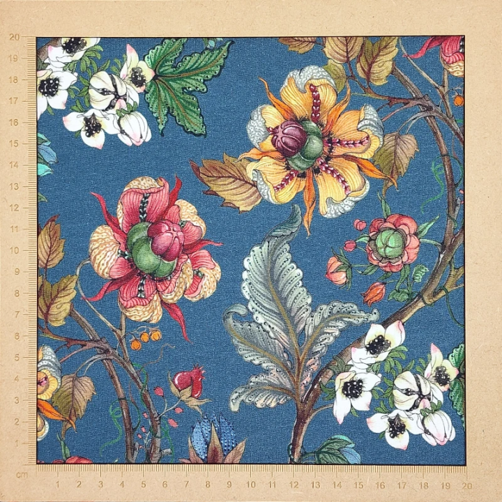 Tissu French Terry Stenzo bleu canard fleurs en coton stretch – sweat léger - au mètre