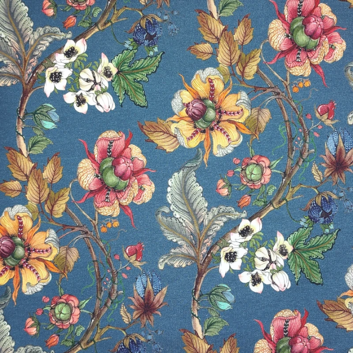 Tissu French Terry Stenzo bleu canard fleurs en coton stretch – sweat léger - au mètre