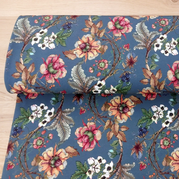 Tissu French Terry Stenzo bleu canard fleurs en coton stretch – sweat léger - au mètre