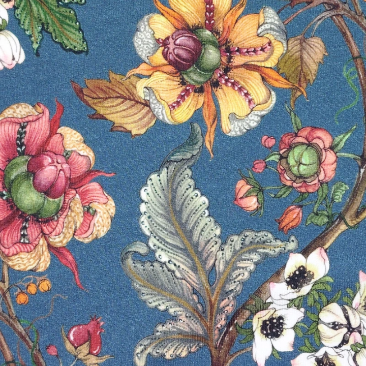 Tissu French Terry Stenzo bleu canard fleurs en coton stretch – sweat léger - au mètre