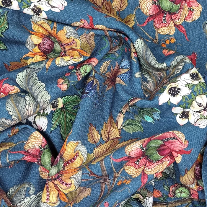 Tissu French Terry Stenzo bleu canard fleurs en coton stretch – sweat léger - au mètre