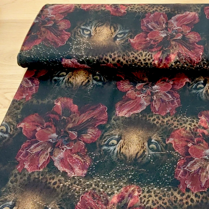 Tissu French Terry Stenzo noir léopard et fleurs