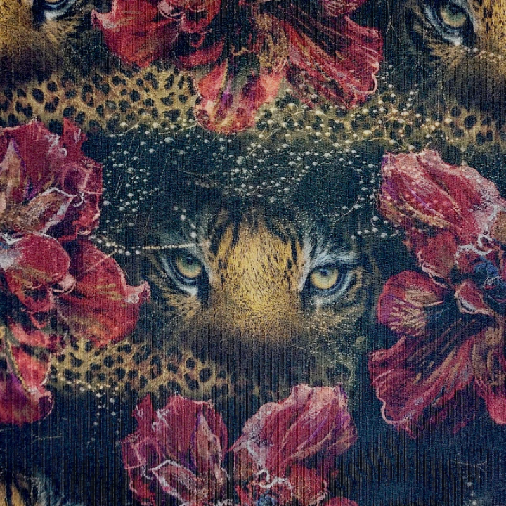 Tissu French Terry Stenzo noir léopard et fleurs