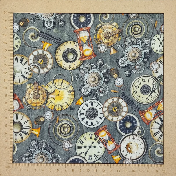 Tissu steampunk montres sur fond gris – coton - au mètre