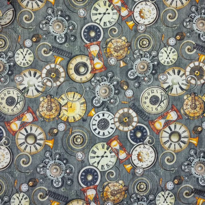 Tissu steampunk montres sur fond gris – coton - au mètre