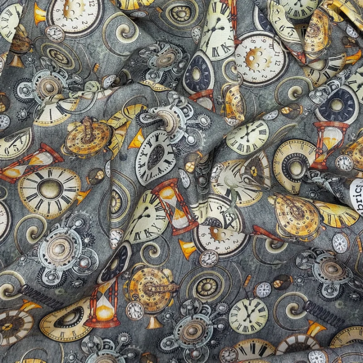 Tissu steampunk montres sur fond gris – coton - au mètre