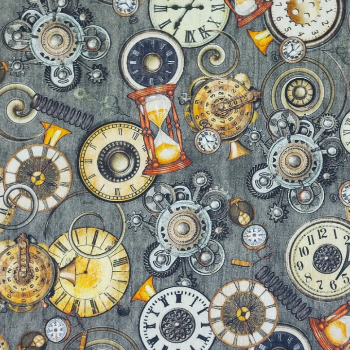 Tissu steampunk montres sur fond gris – coton - au mètre