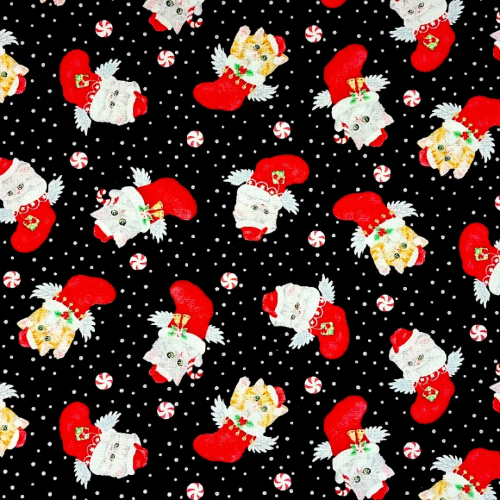 Tissu coton chats mignons et bottes de Noël - au mètre