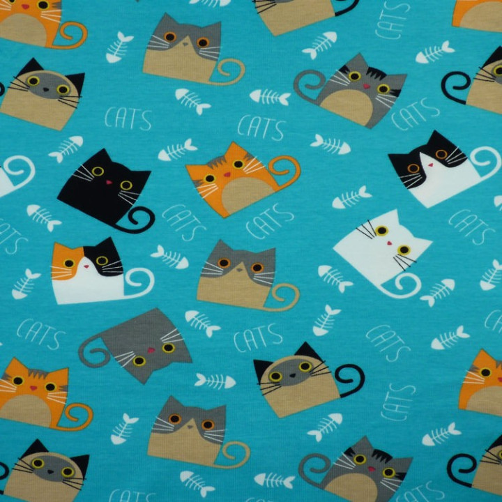 Tissu jersey chats sur fond turquoise – Jersey coton stretch Stof Oeko-Tex