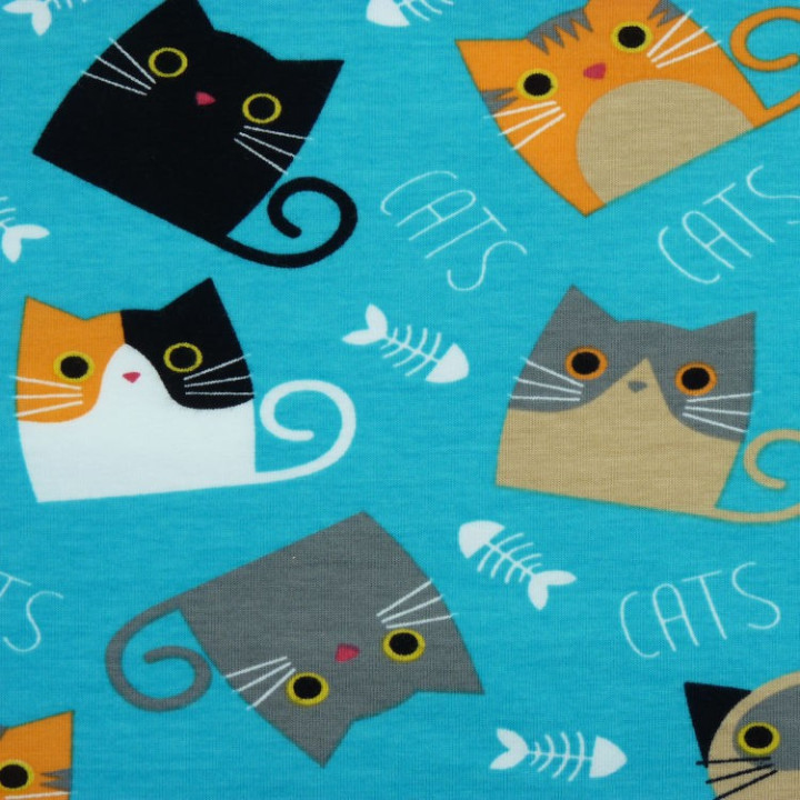 Tissu jersey chats sur fond turquoise – Jersey coton stretch Stof Oeko-Tex