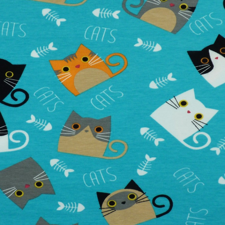 Tissu jersey chats sur fond turquoise – Jersey coton stretch Stof Oeko-Tex