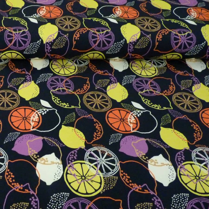 Tissu jersey citrons multicolores sur fond bleu nuit – Jersey coton stretch Stof Oeko-Tex