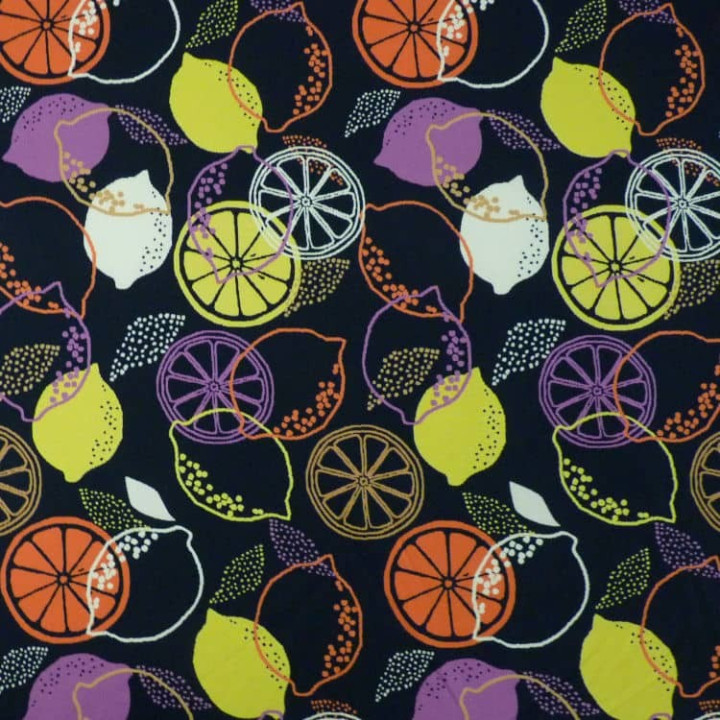 Tissu jersey citrons multicolores sur fond bleu nuit – Jersey coton stretch Stof Oeko-Tex