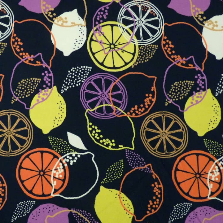 Tissu jersey citrons multicolores sur fond bleu nuit – Jersey coton stretch Stof Oeko-Tex
