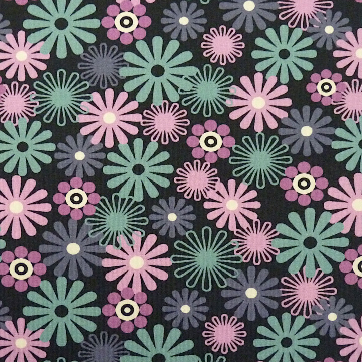 Tissu jersey style années 70 fleurs bleues et roses