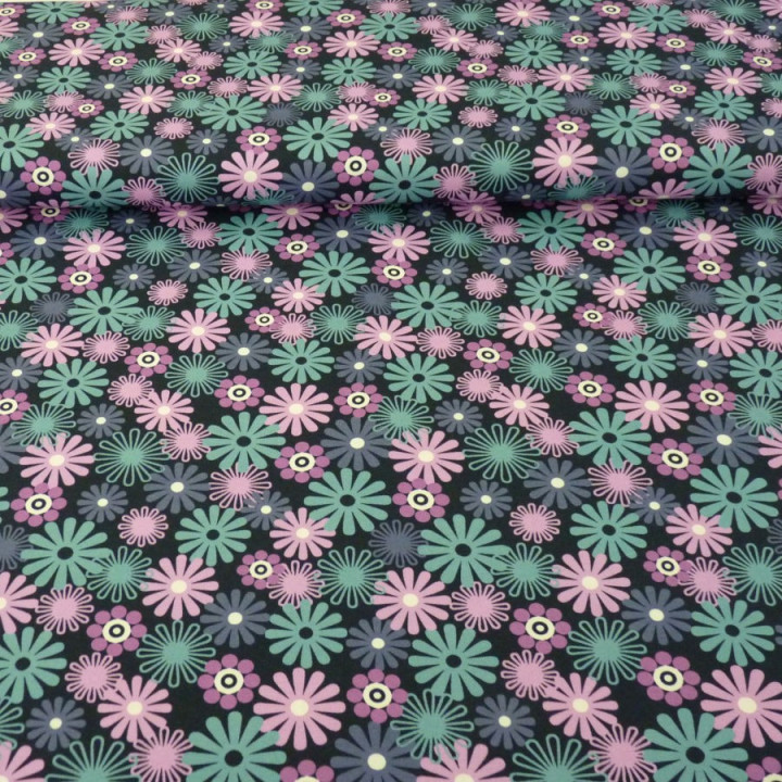 Tissu jersey style années 70 fleurs bleues et roses