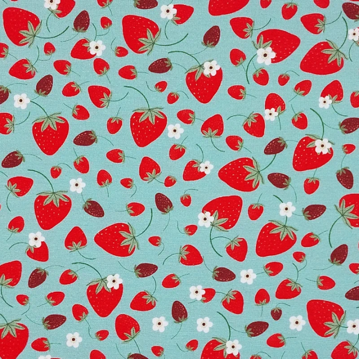 Tissu jersey fraises fond vert opaline – Jersey coton stretch Stof Oeko-Tex