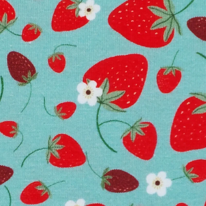 Tissu jersey fraises fond vert opaline – Jersey coton stretch Stof Oeko-Tex
