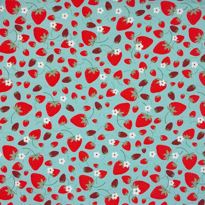 Tissu jersey fraises fond vert opaline – Jersey coton stretch Stof Oeko-Tex