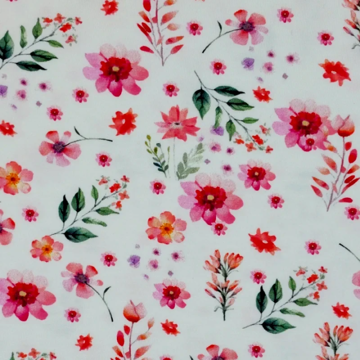 Jersey blanc fleurs roses et rouges Stof Fabrics