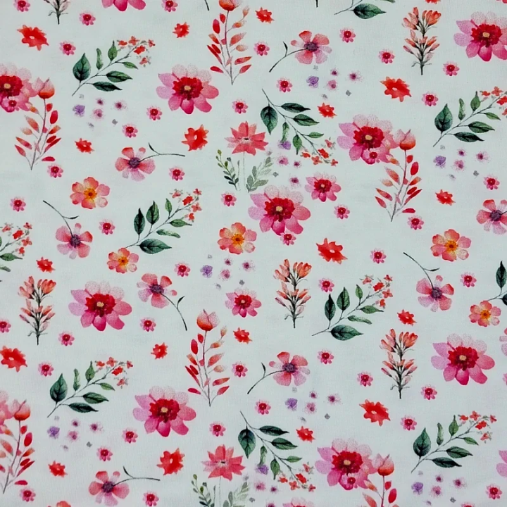 Jersey blanc fleurs roses et rouges Stof Fabrics