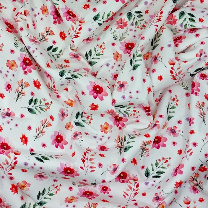 Jersey blanc fleurs roses et rouges Stof Fabrics
