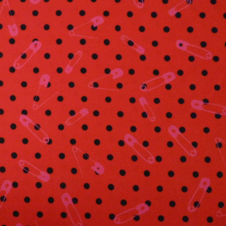 Tissu jersey rouge à pois noirs et épingles roses marque Stof