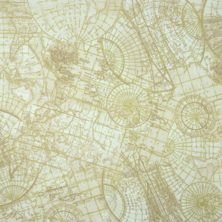 Tissu steampunk cartes et mappemondes blanc doré beige