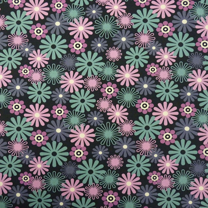 Jersey fleurs années 70 bleues mauves et roses