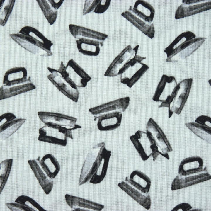 Tissu coton fers à repasser et rayures en noir et blanc