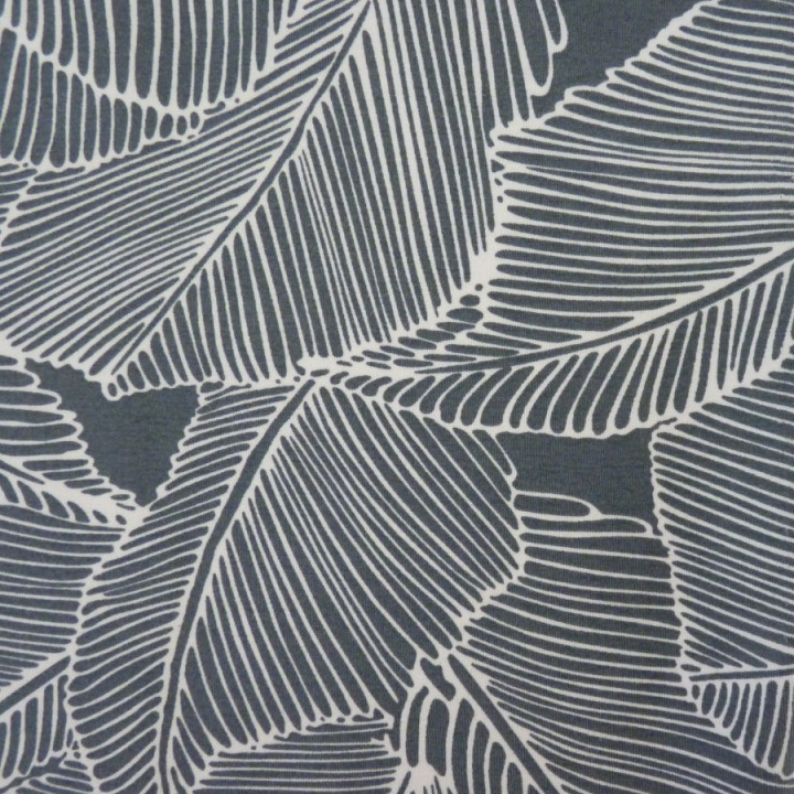 Tissu jersey gris à feuilles vendu au mètre