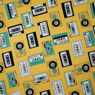 Tissu cassette audio jaune - coton